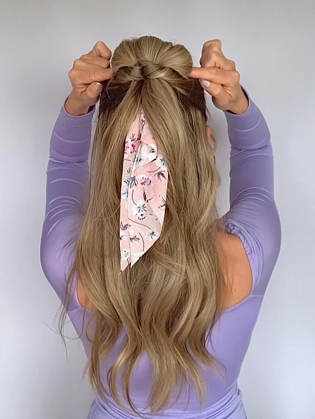 best summer easy hairstyle 2026 Half-Up Twist with Scarf Detail