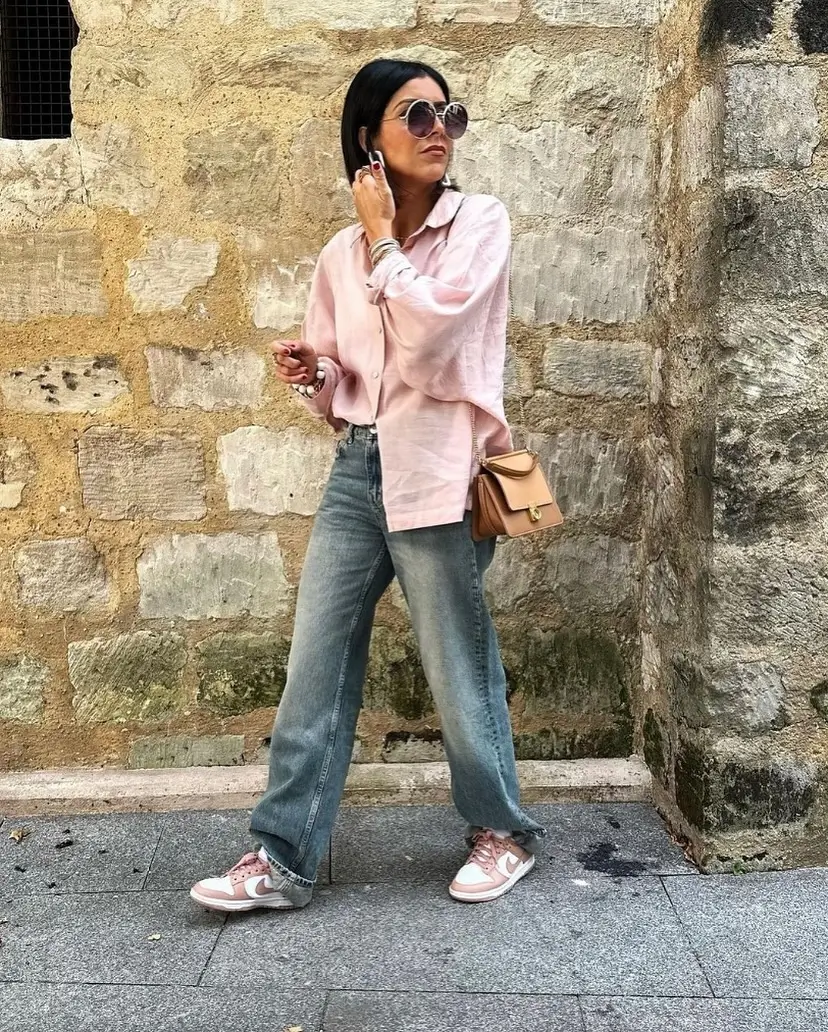 casual friday summer outfits with sneakers 2026 Relaxed Pink Shirt and Vintage-Wash Denim