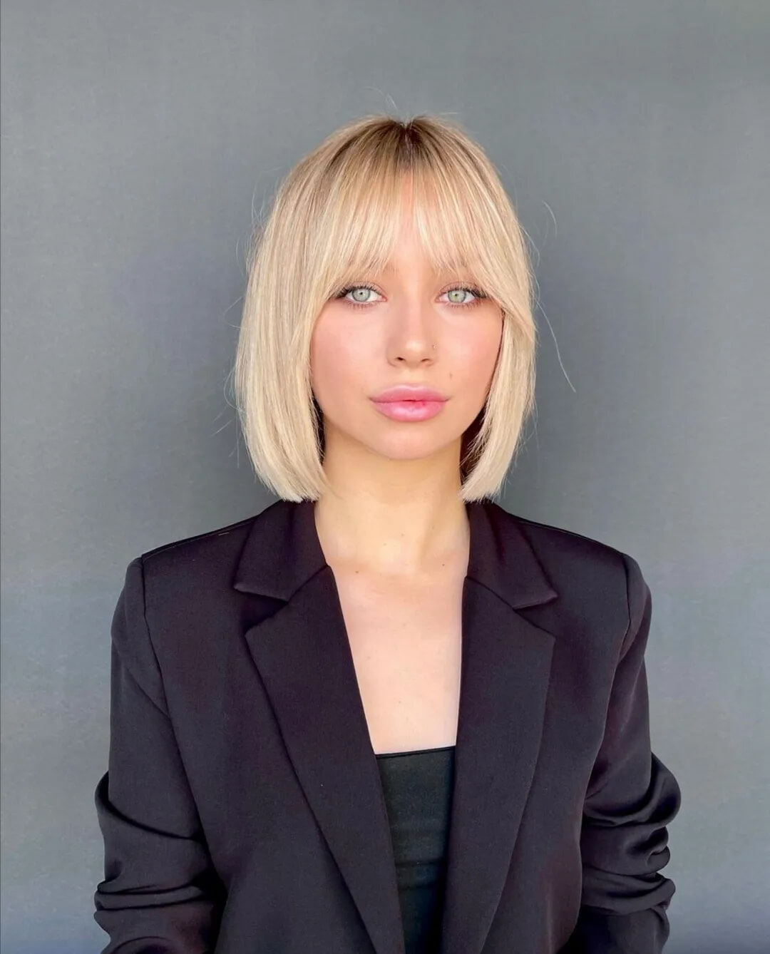 summer bob haircut 2026 Soft Blonde Bob with Airy Curtain Bangs