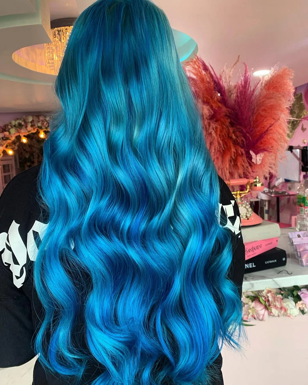 chic summer haircuts for thin fine hair 2026 Statement Long Waves in Electric Blue