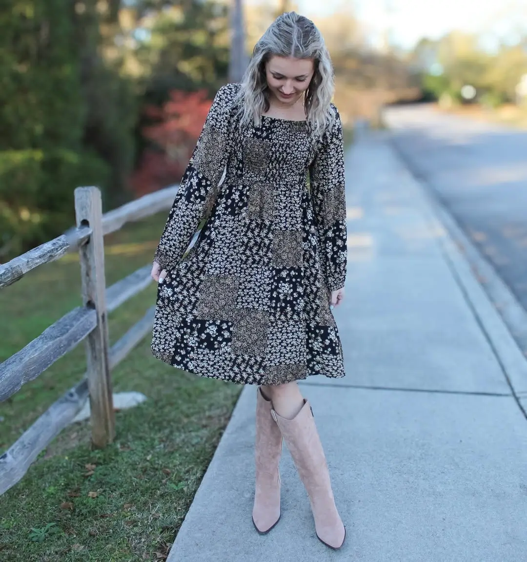 cute boho summer outfits 2026 Dark Floral Boho with a Modern Cowgirl Touch