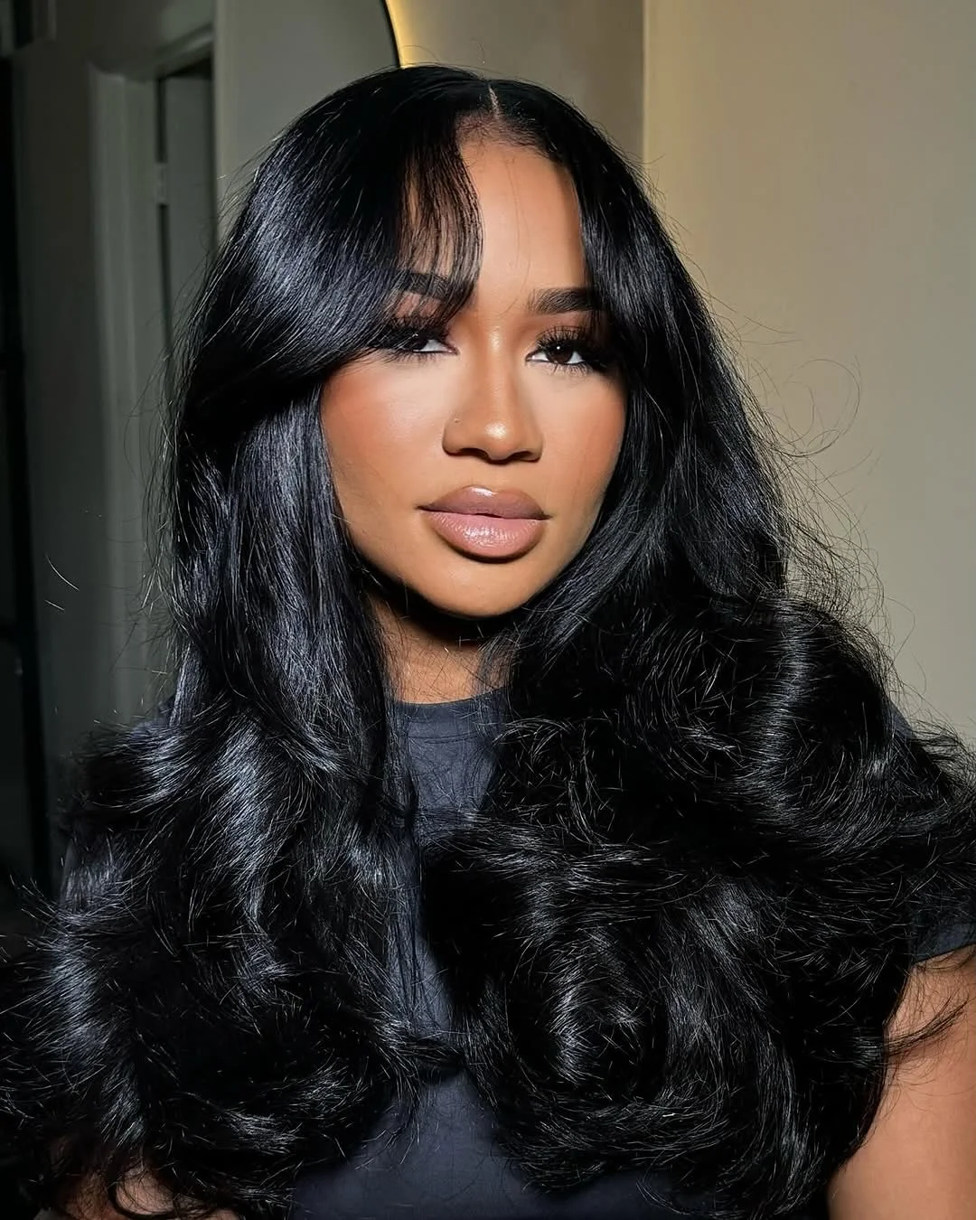 cute summer hairstyle black women 2026 Voluminous Curtain Bang Waves with Gloss Finish
