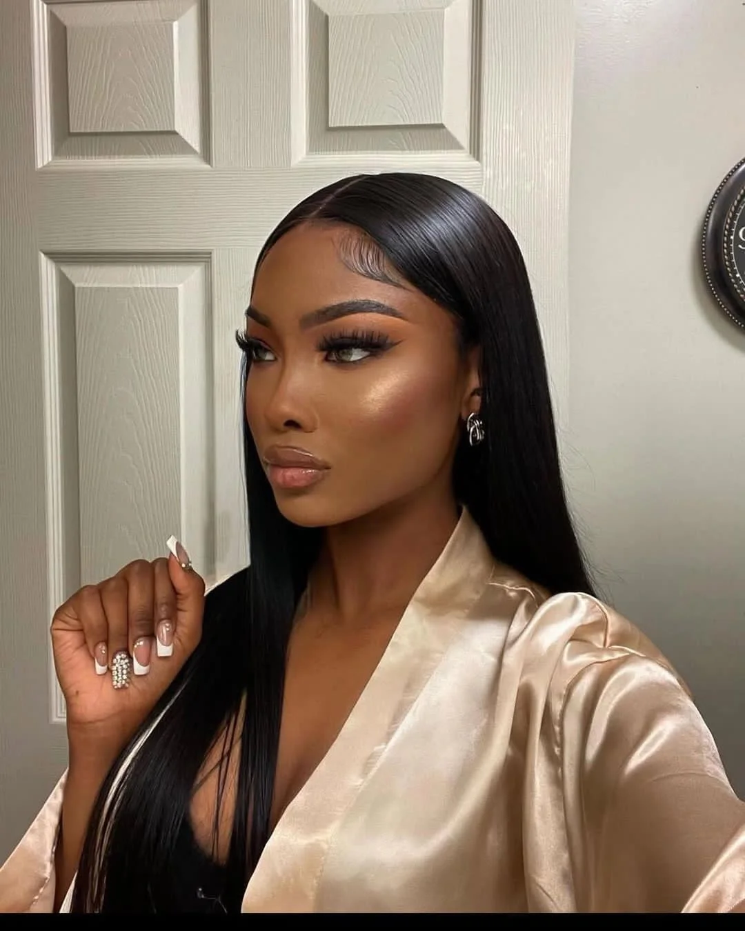 cute summer hairstyle black women 2026 Glass-Straight Side Part with Sculpted Edges