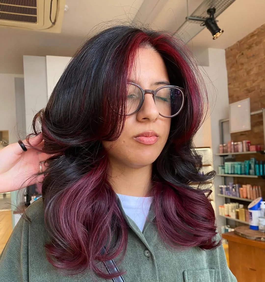 flattering summer hairstyles ideas 2026 Deep Burgundy Layers with Bold Face-Framing Contrast
