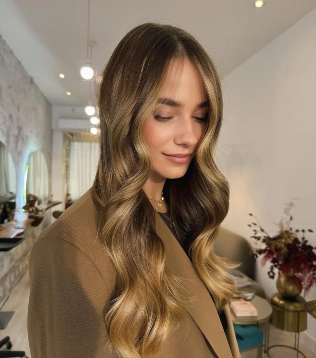 flattering summer hairstyles ideas 2026 Golden Beige Waves with Soft Dimension