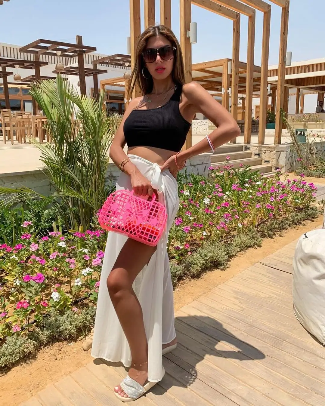 flowy summer skirt outfits 2026 Beach-Ready White Wrap with Bold Contrast