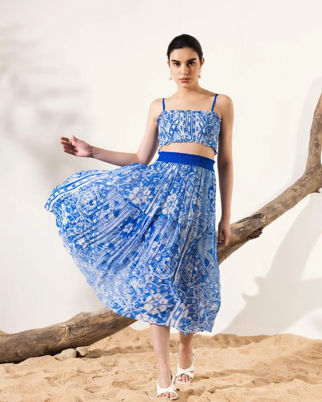 flowy summer skirt outfits 2026 Blue Patterned Set That Feels Like a Breeze