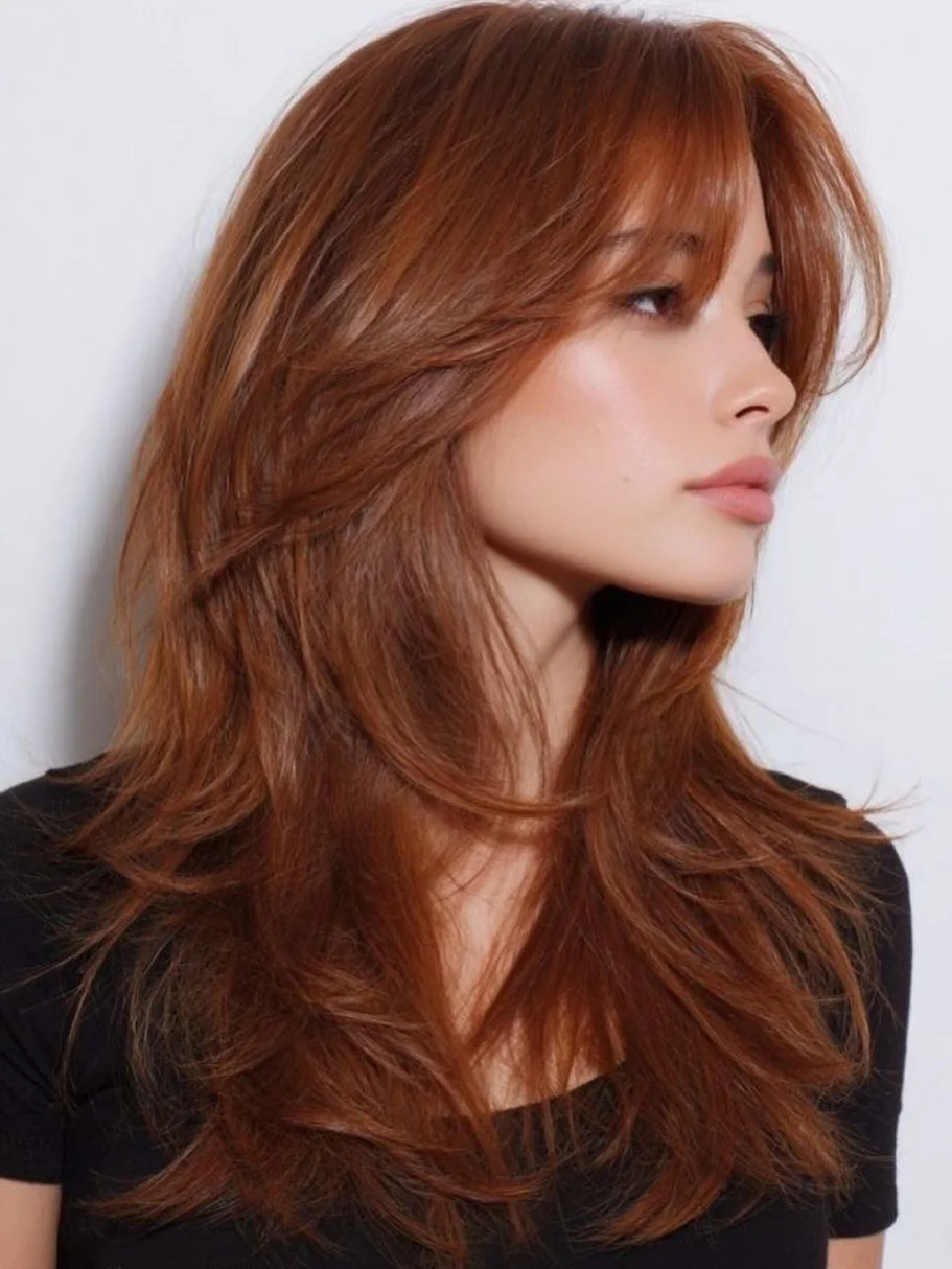 gorgeous summer haircut for round face 2026 Airy Copper Layers with Face Framing Lift