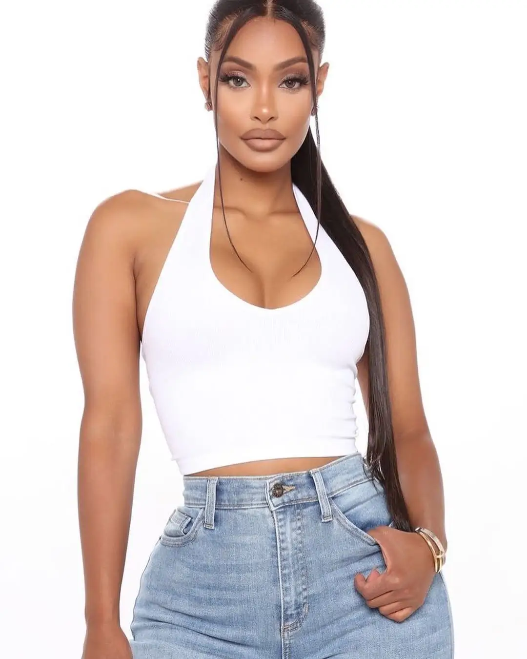 halter summer crop top outfits 2026 Clean White Halter and Denim for Timeless Summer Confidence