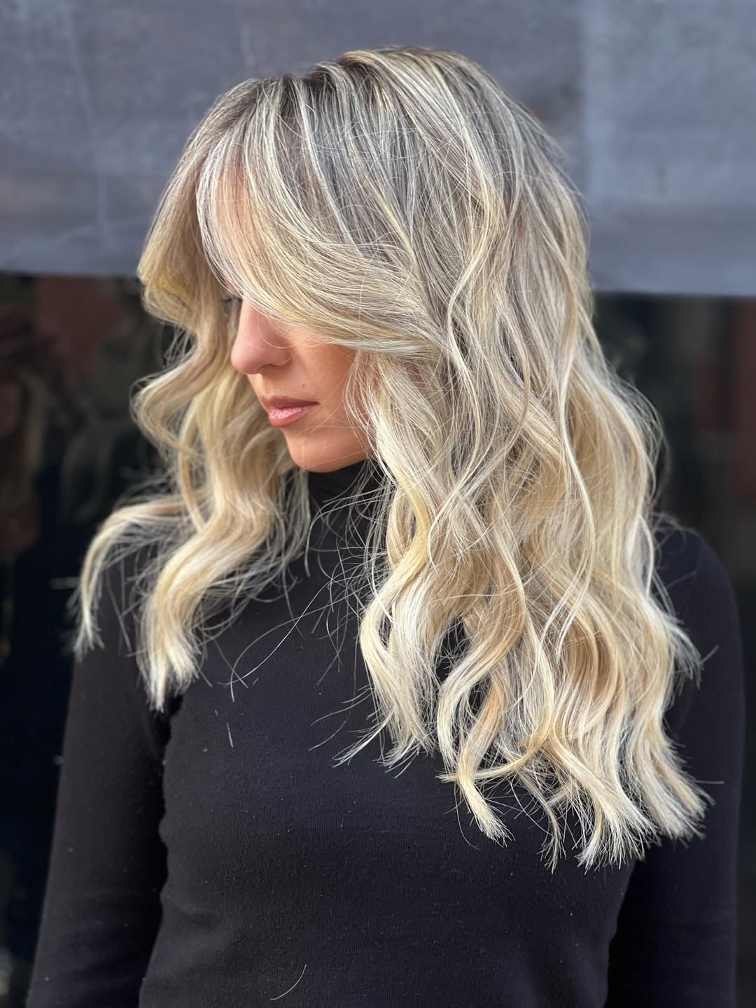 summer blonde hair color 2026 Layered Champagne Blonde with Airy Curtain Bangs