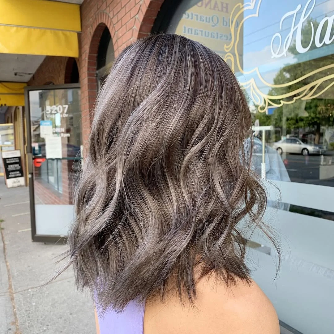 low lift summer mushroom brown hair color 2026 Soft Textured Mushroom Bob with Ashy Balayage