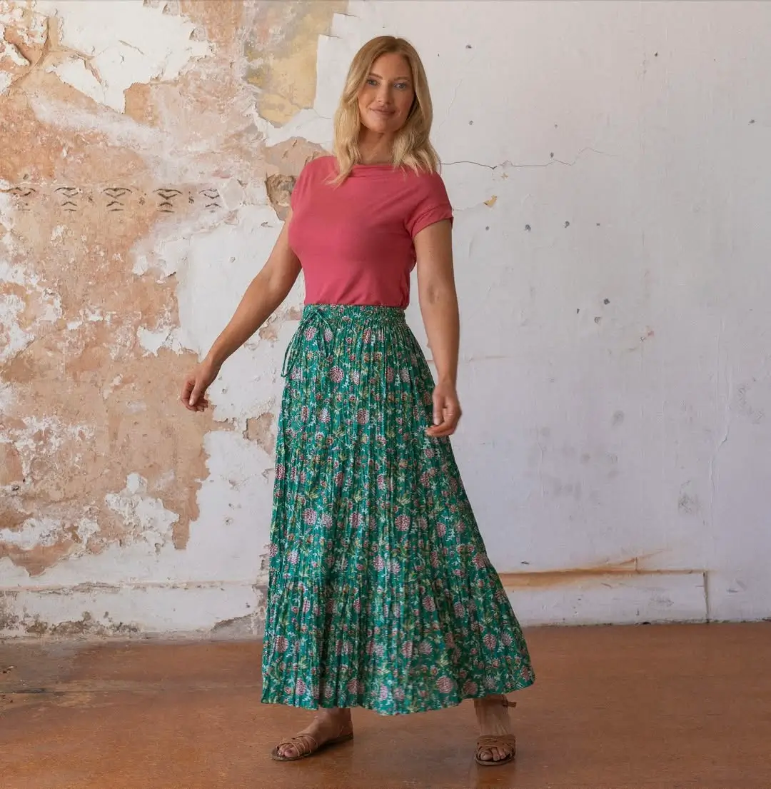 maxi skirt outfits summer 2026 Playful Green Florals with a Confident Pop