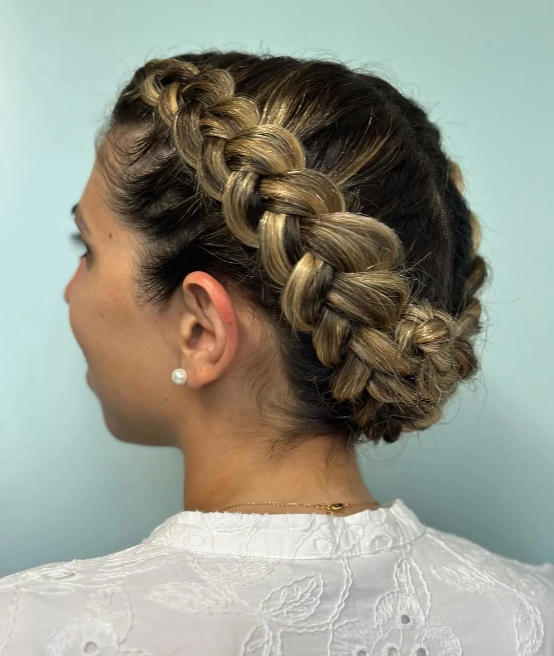 sassy summer short hairstyles 2026 Chunky Crown Braid Wrapped into a Low Bun