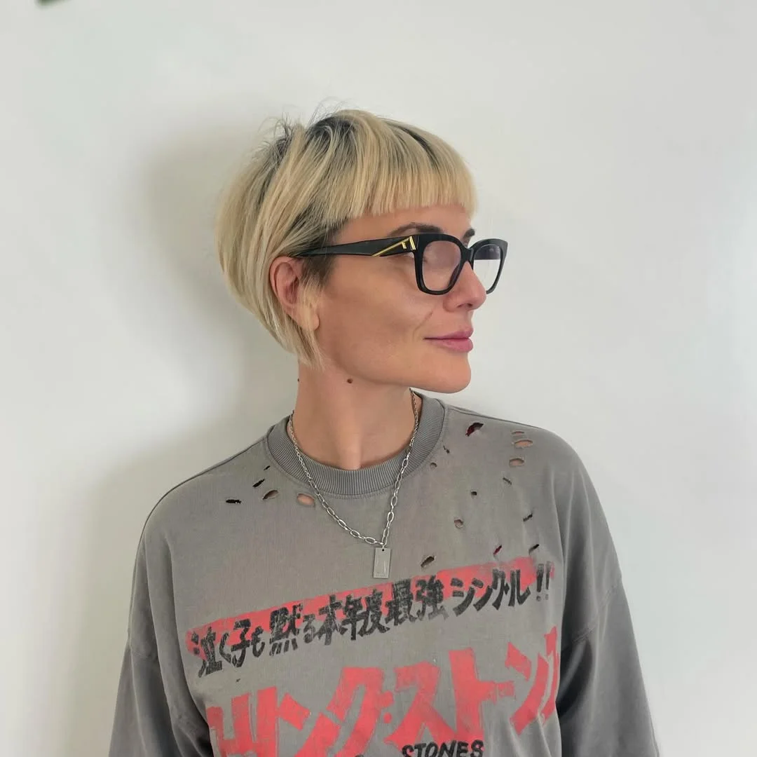 sassy summer short hairstyles 2026 Short Blonde Crop with Micro Bangs and Graphic Edge