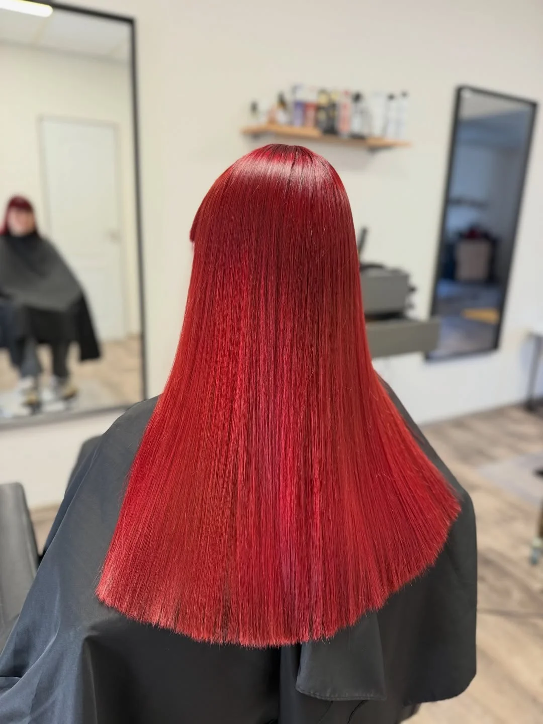 soft summer red hair color 2026 Precision Straight Red with Blunt Finish