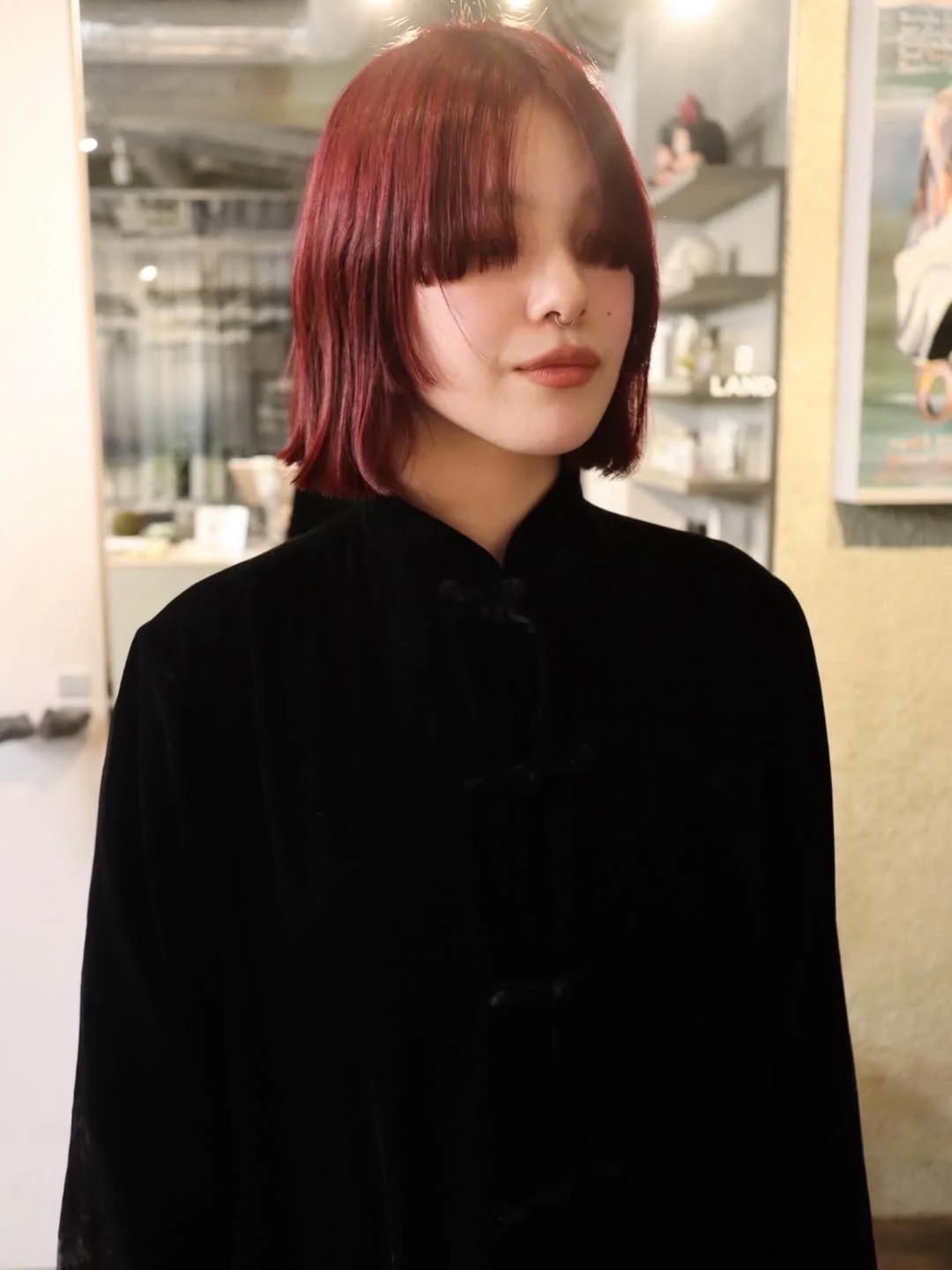 soft summer red hair color 2026 Muted Red Bob with Veiled Bangs