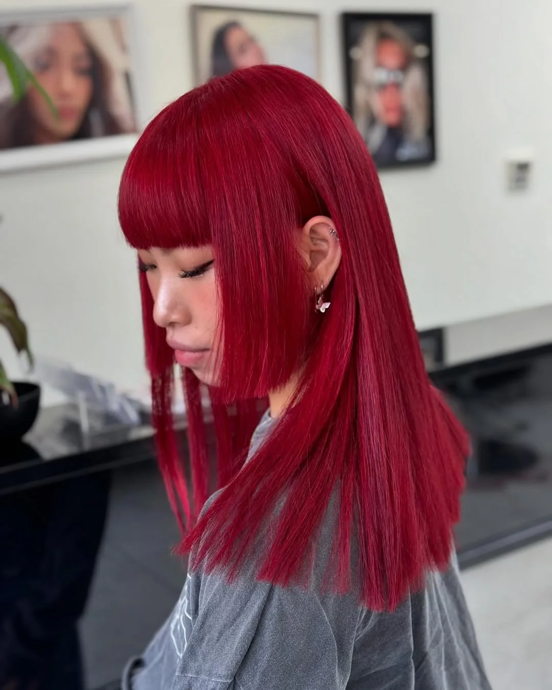 soft summer red hair color 2026 Bright Cherry Straight Cut with Graphic Fringe