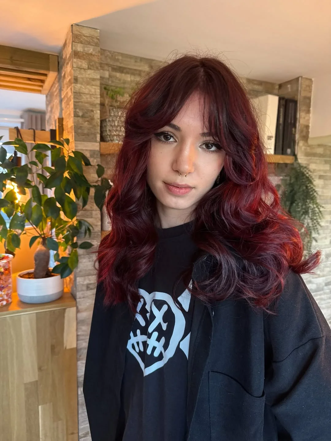 soft summer red hair color 2026 Dimensional Burgundy Waves with Curtain Fringe