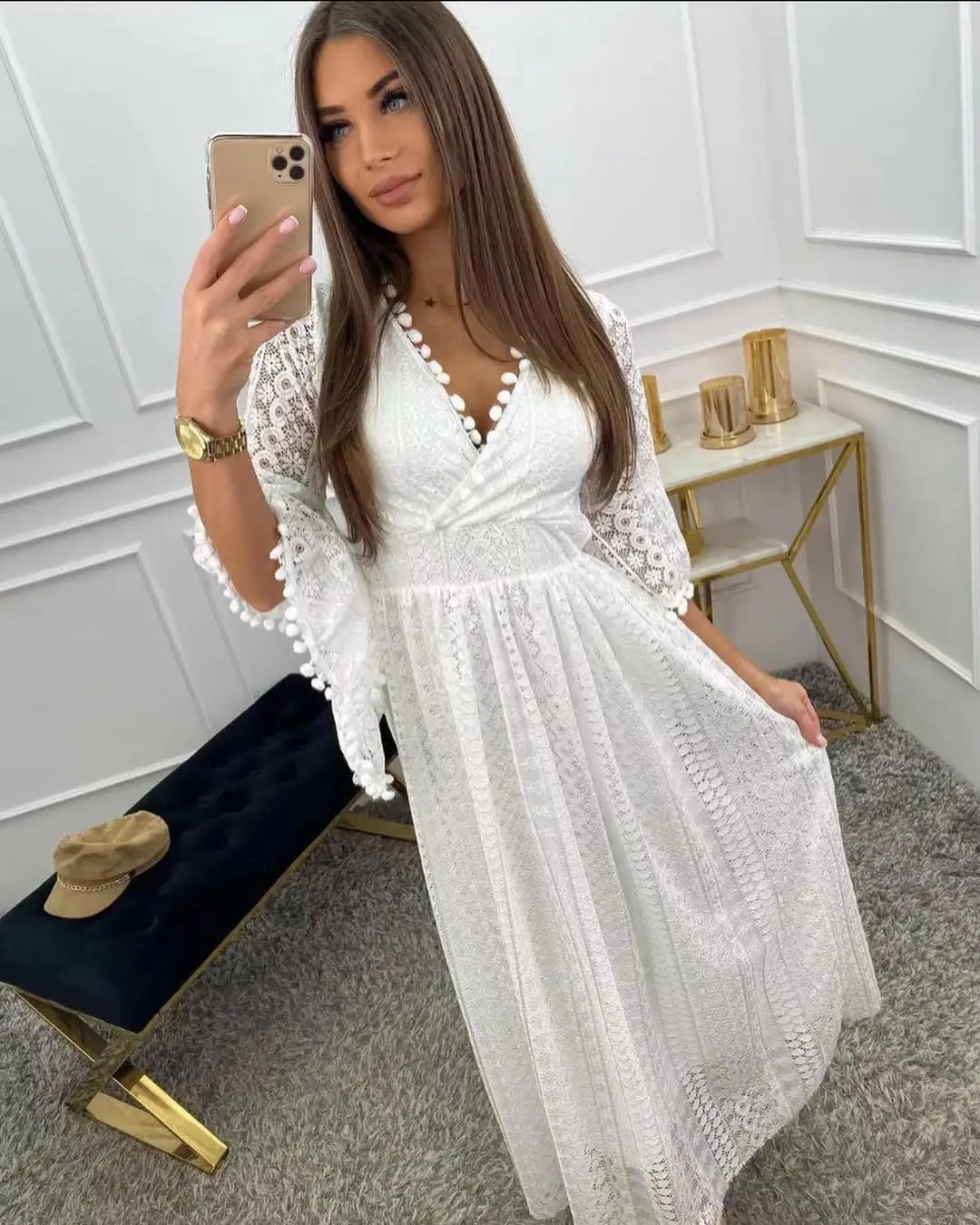 summer flowy maxi dresses 2026 Textured White Romance The Boho Long Sleeve Maxi