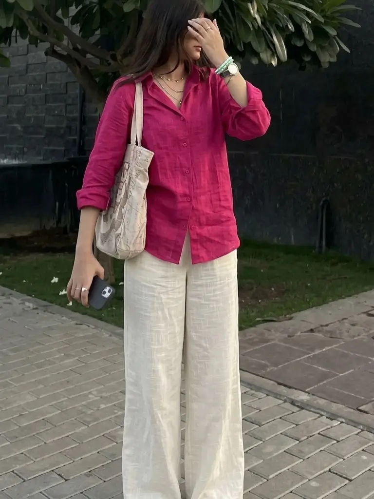 summer linen outfits 2026 Bright Pink Linen Shirt & Easy Neutral Balance