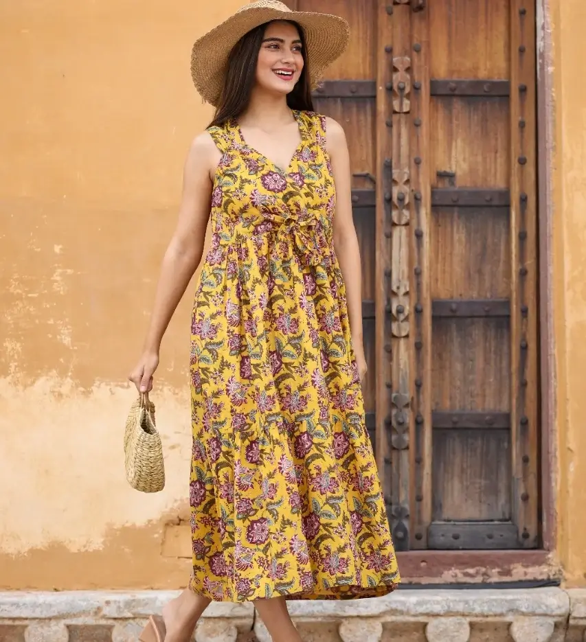 summer sleeveless dresses 2026 Golden Floral Flow That Sunlit Effortless Glow