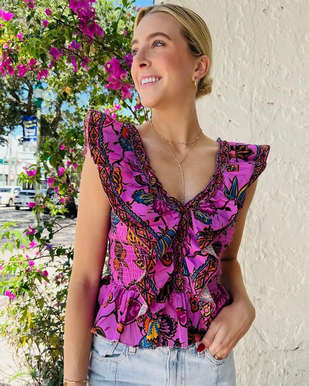 summer tops outfit 2026 The Bold Pink Printed Top That Feels Like a Vacation Mood