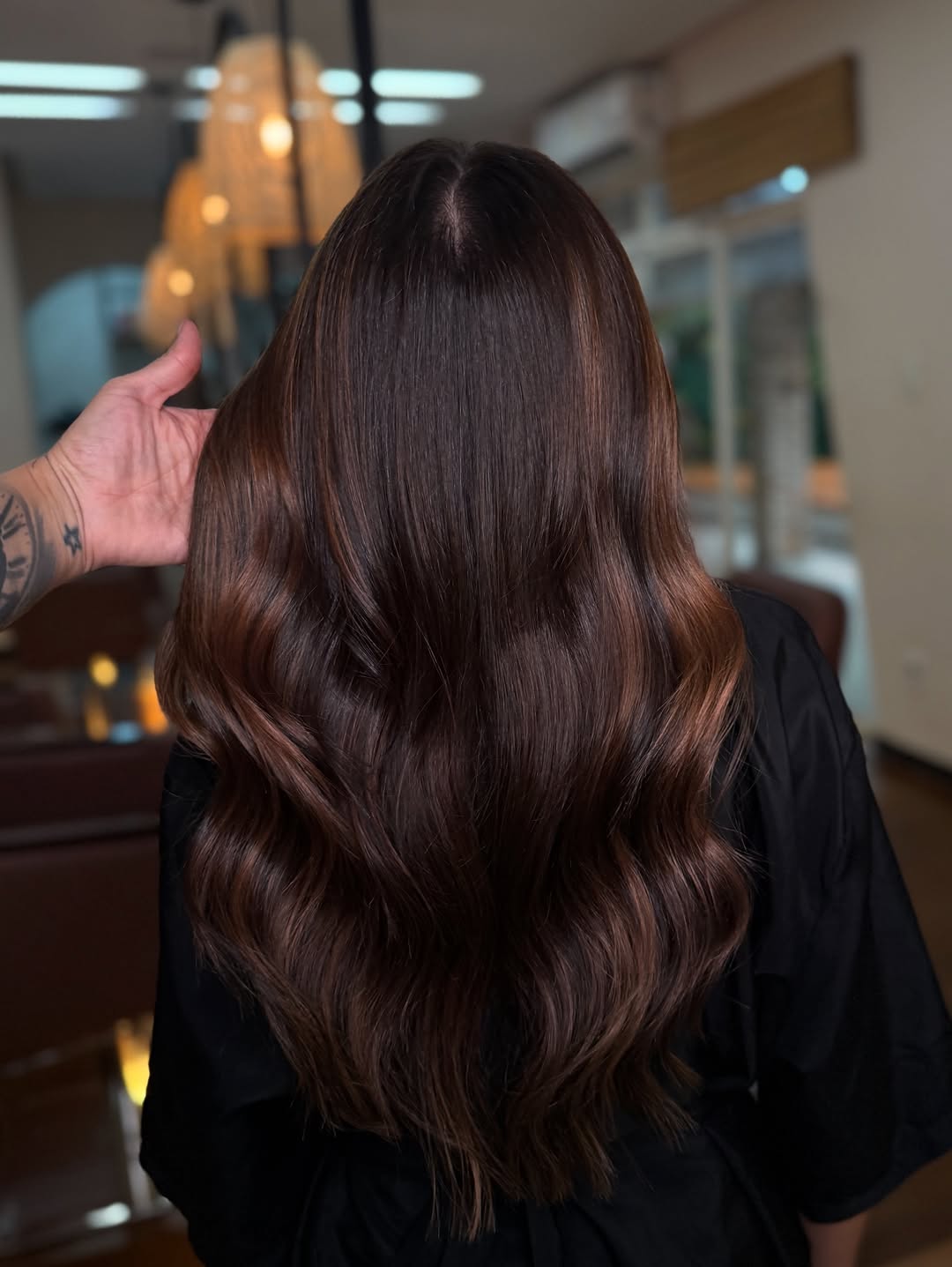 trendy summer hair color ideas for brunettes 2026 Deep Mocha Brunette with Liquid Shine Waves