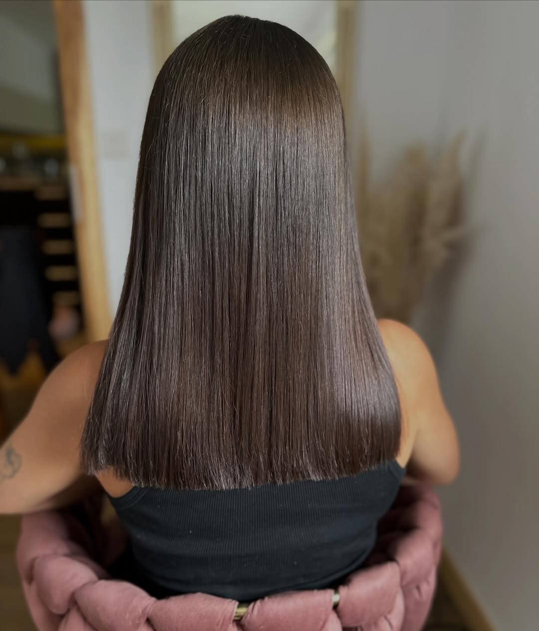 trendy summer hair color ideas for brunettes 2026 Silky Straight Brunette with Glass Hair Finish