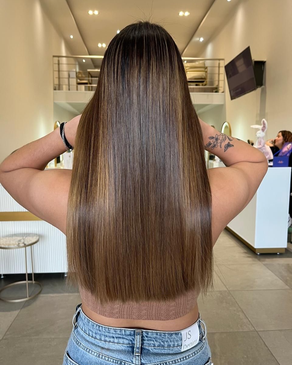 trendy summer hair color ideas for brunettes 2026 Sleek Ultra-Long Brunette with Seamless Ombre