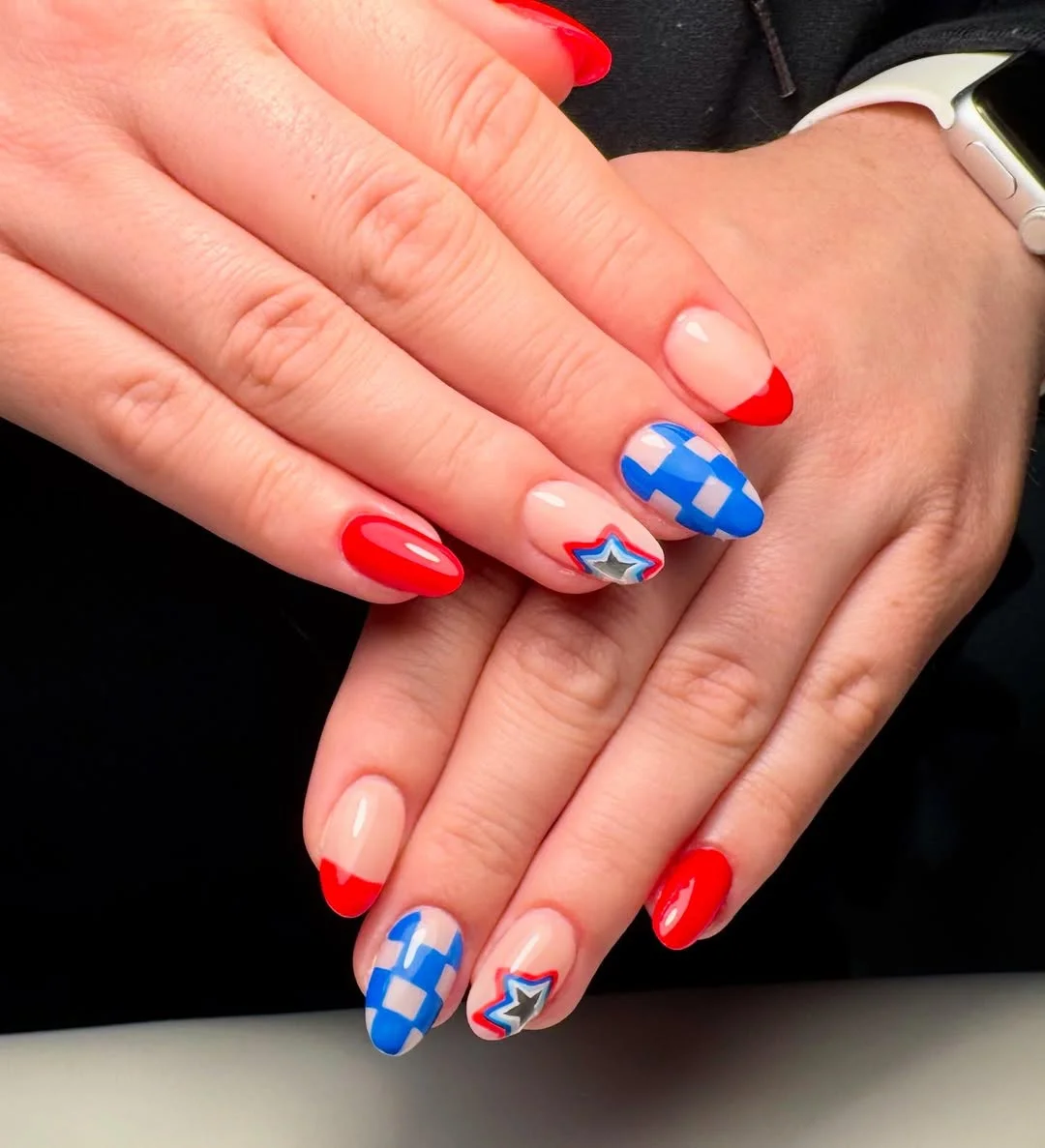 4th of july nails 2026 Retro Americana Stars and Checkerboard Accents