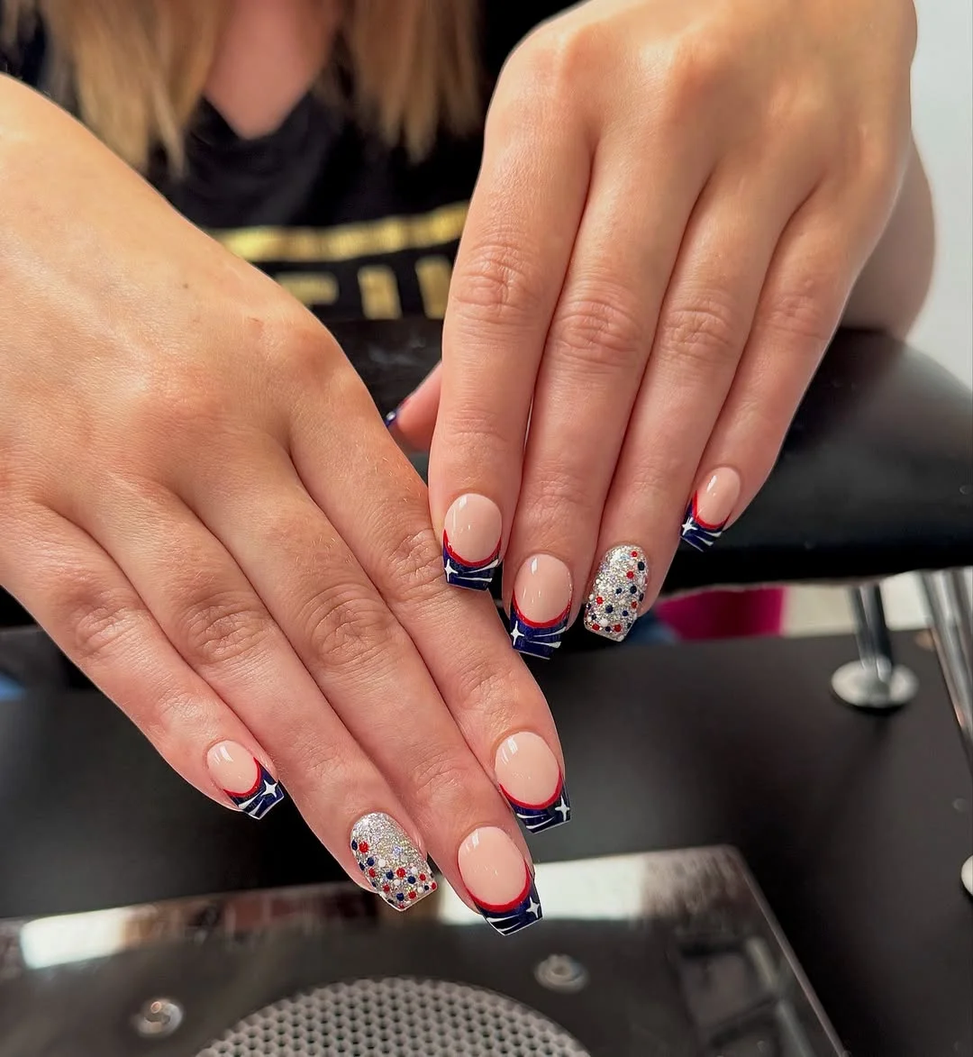 4th of july nails 2026 Patriotic Glitter French Tips with Star Details