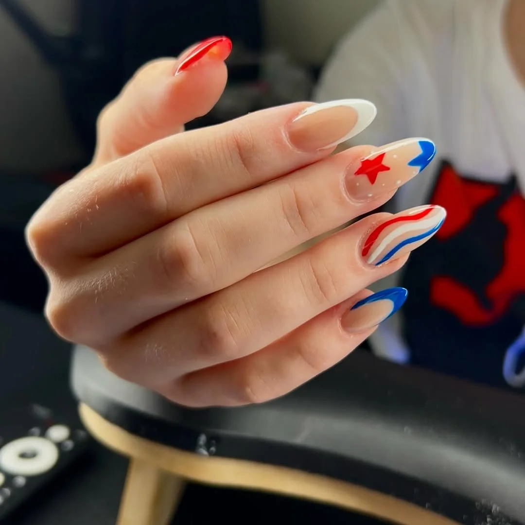 4th of july nails 2026 Modern Red White and Blue Graphic Almond Nails