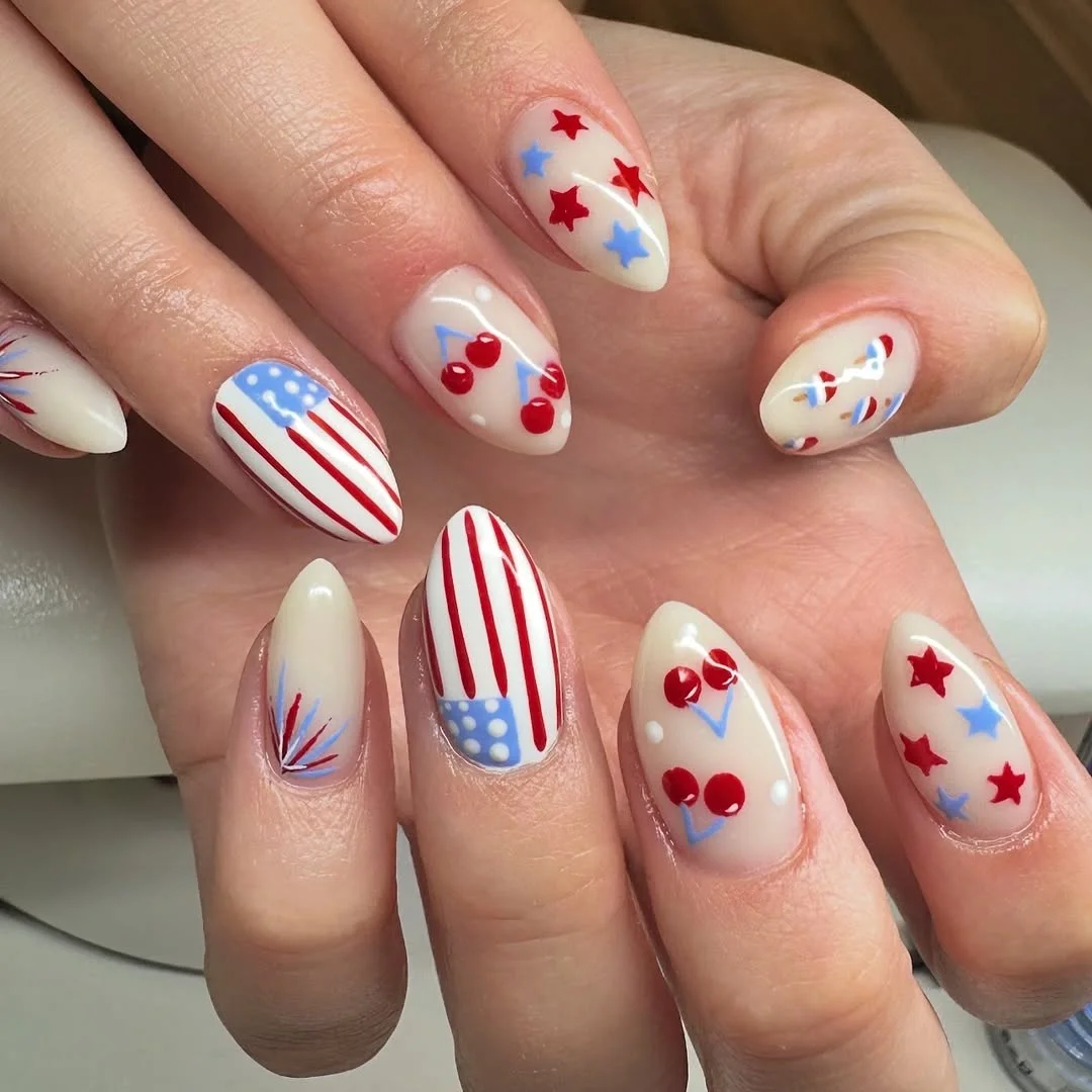 4th of july nails 2026 Cherry Picnic Nails with Retro Summer Charm