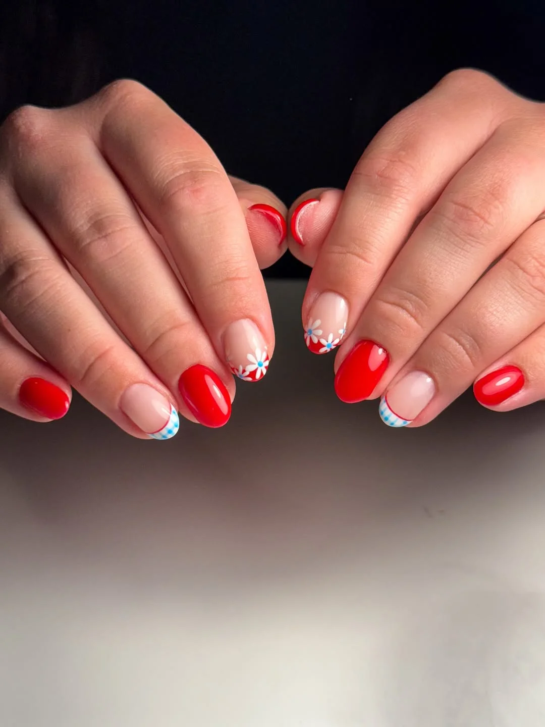 4th of july nails 2026 Cherry Red Daisy Tips with a Patriotic Twist