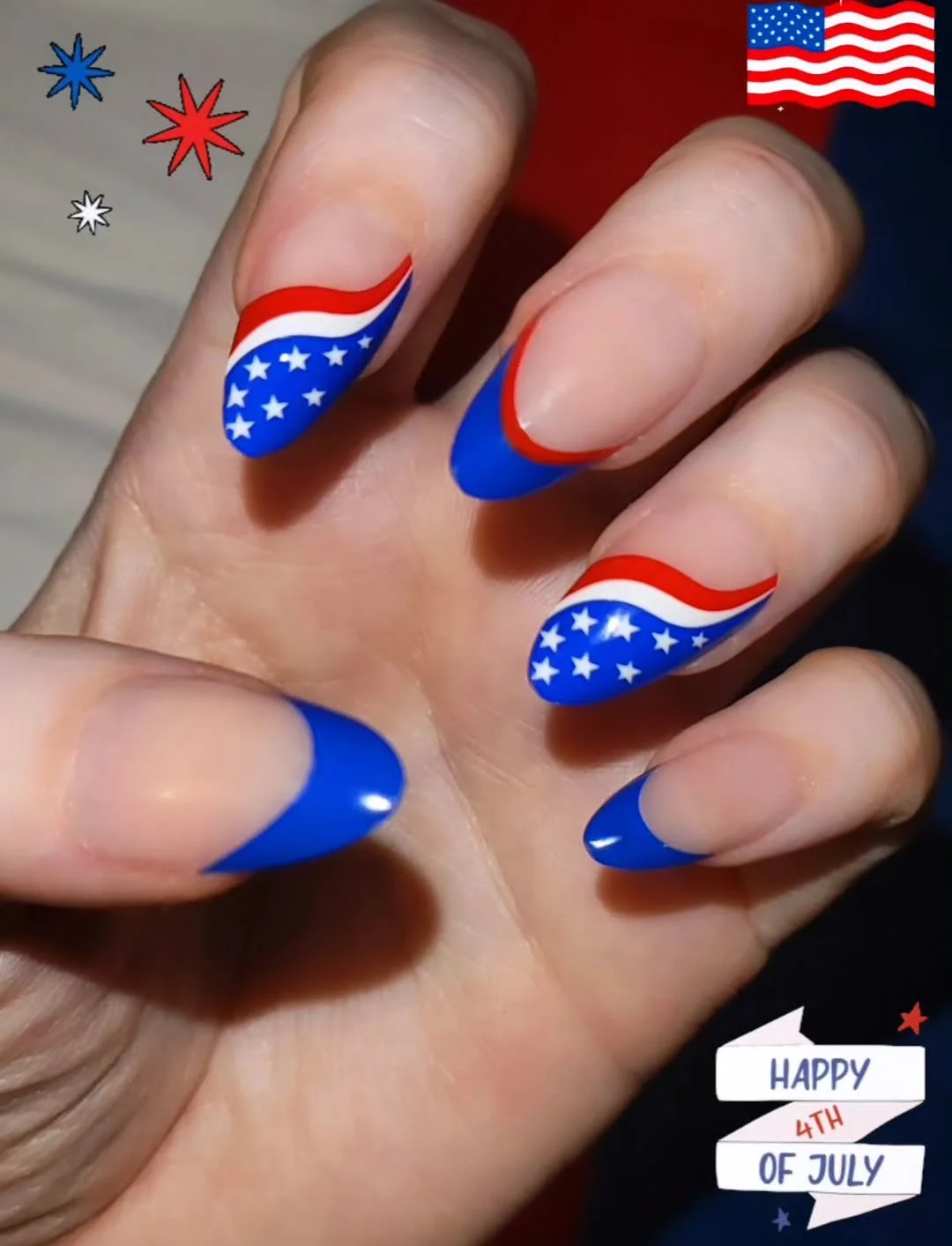 4th of july nails 2026 Wavy Patriotic French Tips with Star Accents
