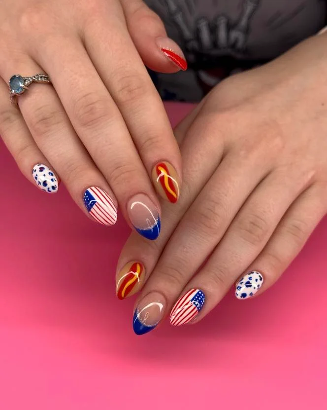 4th of july nails 2026 Playful Americana Mix with Hot Dog Nail Art