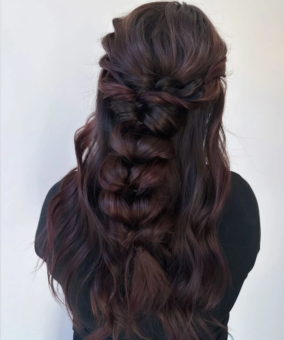 boho summer wavy hairstyle 2026 Deep Espresso Waves with Structured Boho Braid Flow