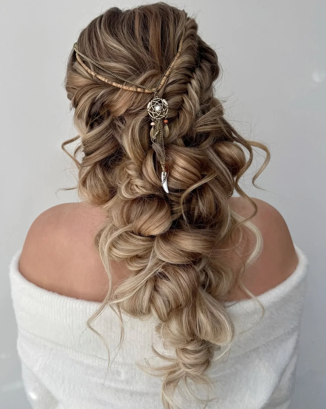boho summer wavy hairstyle 2026 Soft Blonde Boho Braid with Statement Chain Accessory