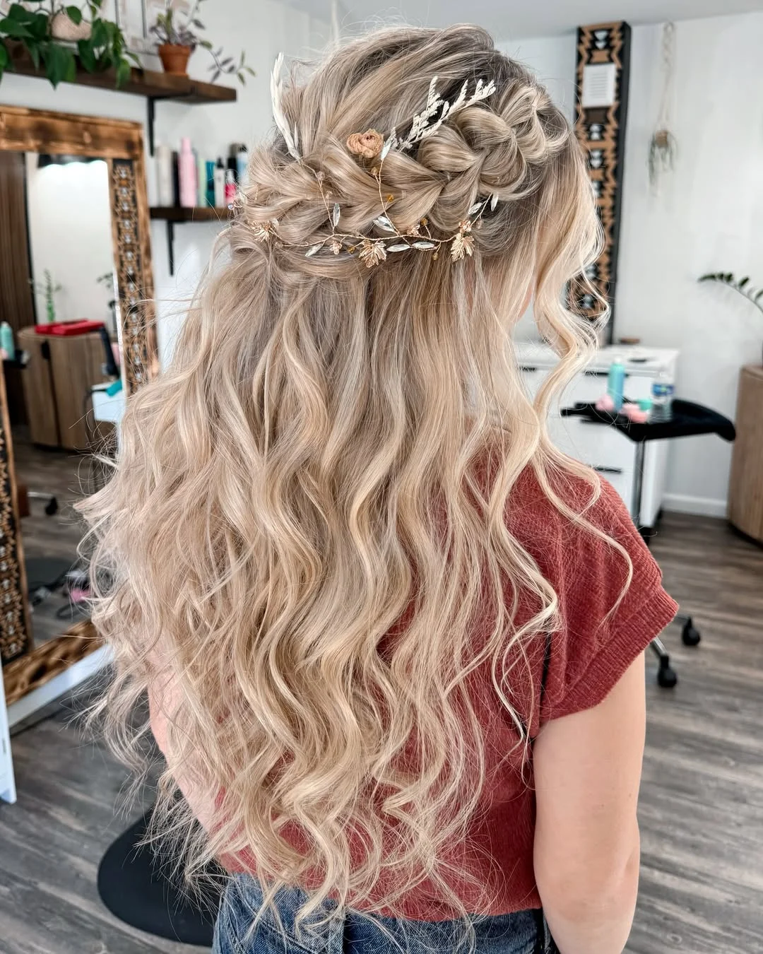 boho summer wavy hairstyle 2026 Soft Platinum Waves with Intricate Floral Half Up Detail