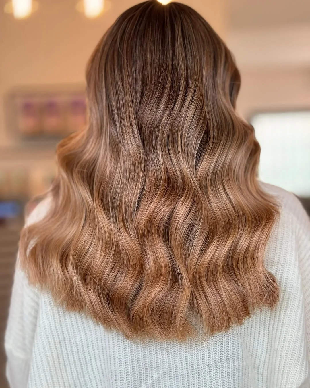 bright summer apricot blonde hair color 2026 Mocha Apricot Waves with Dimensional Beige Ends