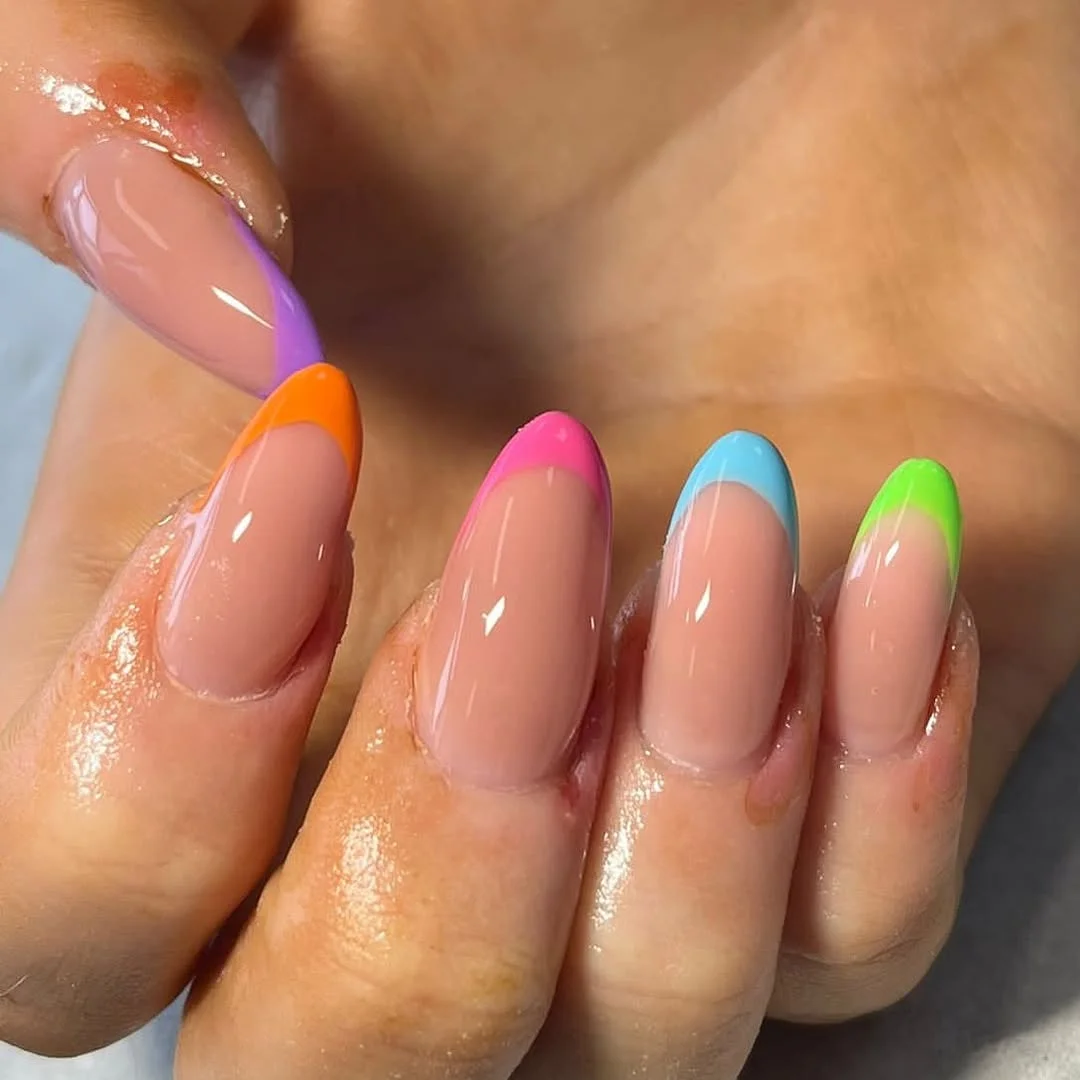 bright summer nails 2026 Neon Rainbow French Tips on Almond Nails