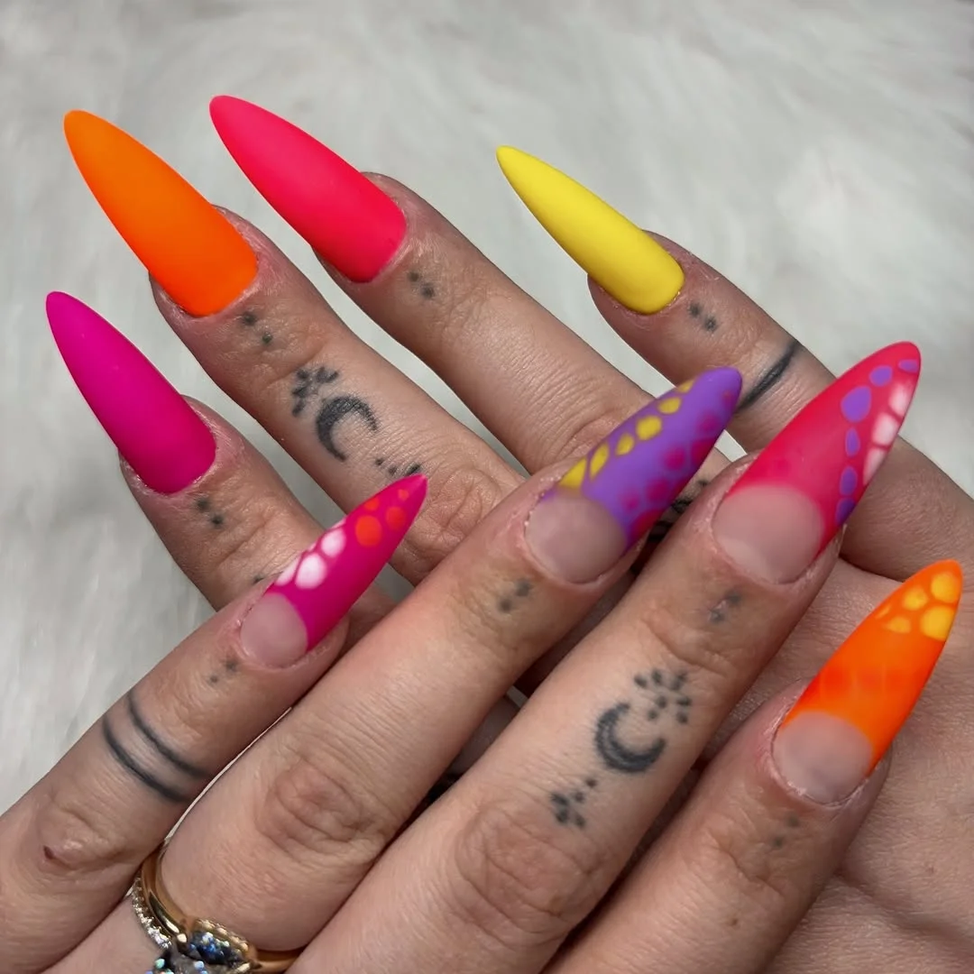 bright summer nails 2026 Matte Neon Mix With Festival-Inspired Details