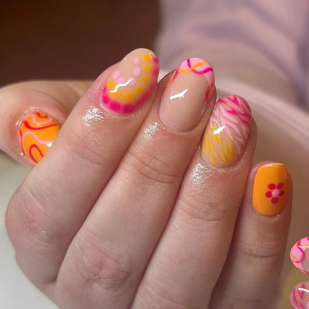 bright summer nails 2026 Retro Sunset Mix With Floral Accents