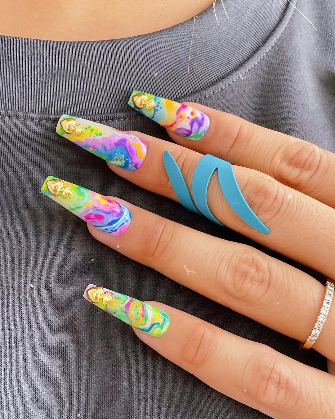 bright summer nails 2026 Rainbow Marble Coffin Nails With Luxury Details