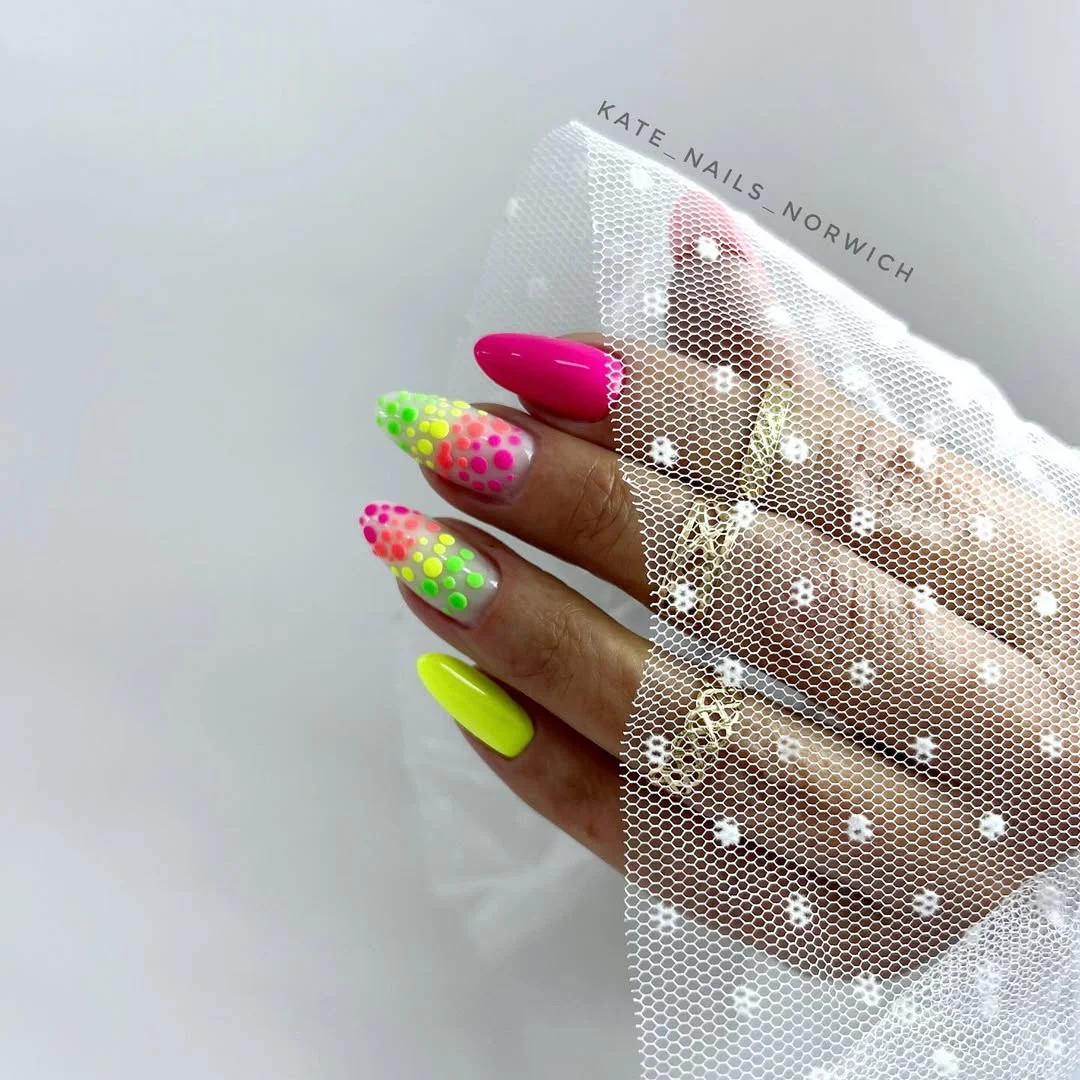 bright summer nails 2026 Neon Polka Dot Nails for Festival Season