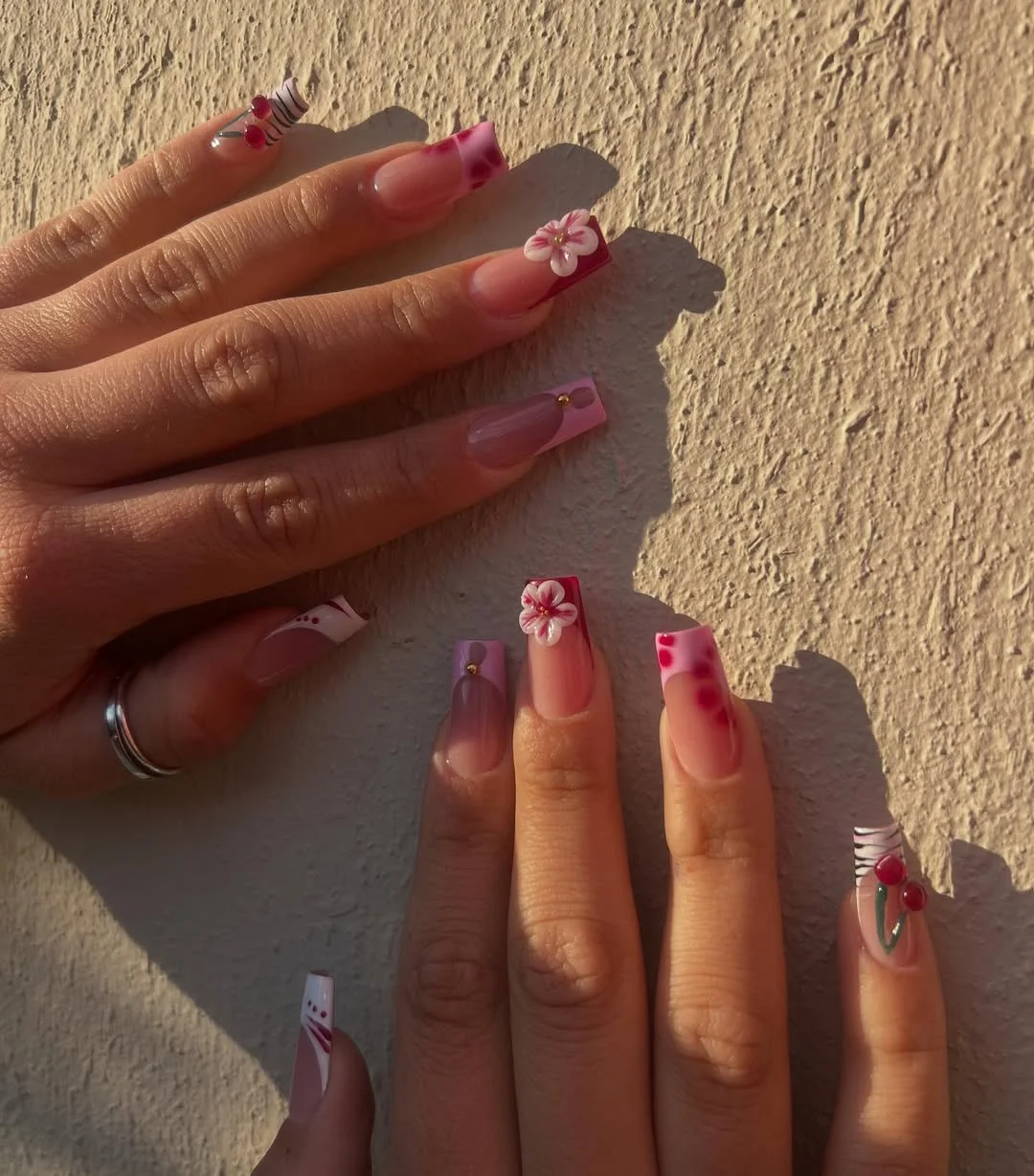 bright summer nails 2026 Pink Blossom Coffin Nails With Romantic Summer Details