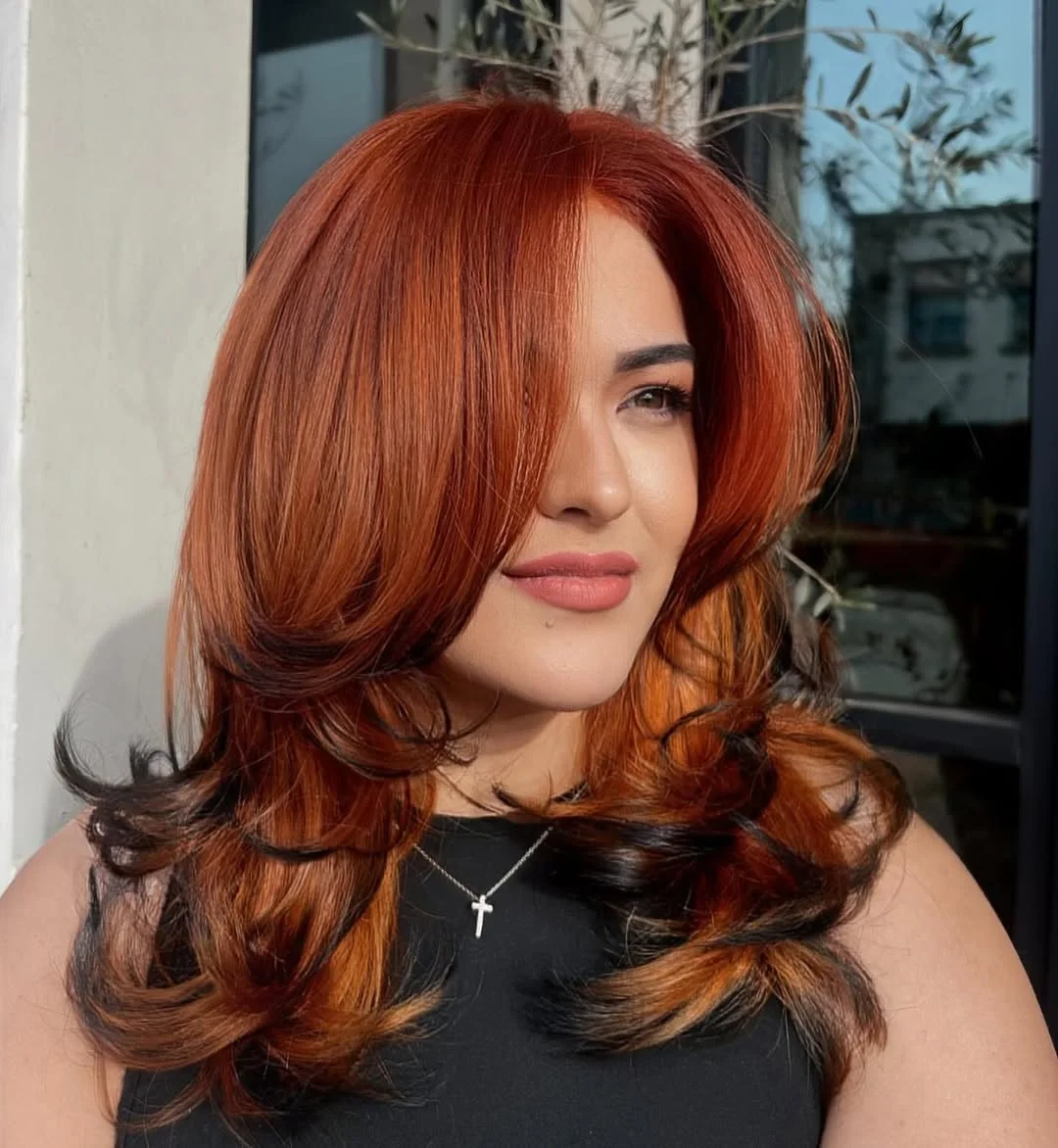 copper summer hair color for light skin 2026 Voluminous Auburn Copper Blowout With Retro Layers
