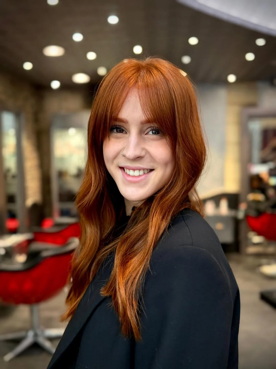 copper summer hair color for light skin 2026 Soft Ginger Copper With Wispy Fringe Layers