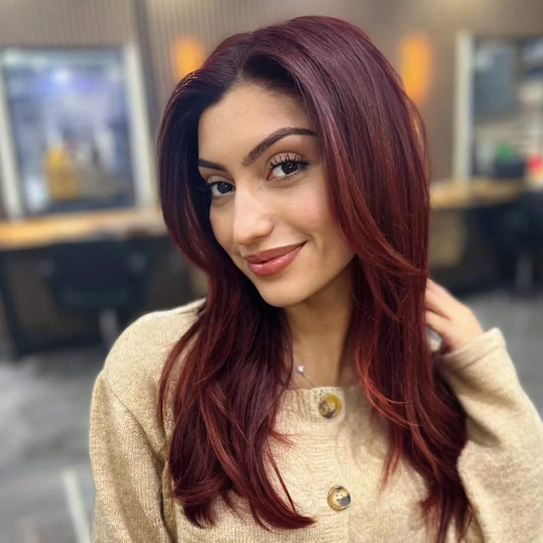 effortless summer haircuts for fuller faces 2026 Deep Cherry Red Layers With Glossy Definition