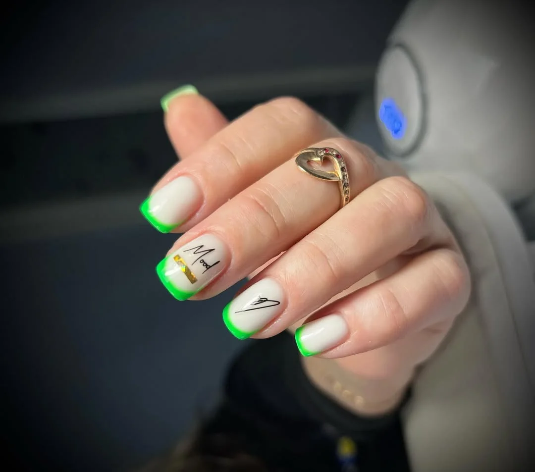 funky summer nails 2026 Electric Green French Tips with Modern Edge
